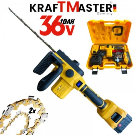 Ferăstrău cu lanț fără fir pentru crengi și lemn KRAFTMASTER 36V 10 AH 30cm 2 baterii (lubrifiere automată) cu afișaj albastru și galben