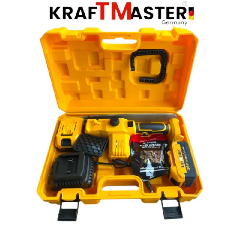 Ferăstrău cu lanț fără fir pentru crengi și lemn KRAFTMASTER 36V 10 AH 30cm 2 baterii (lubrifiere automată) cu afișaj albastru și galben