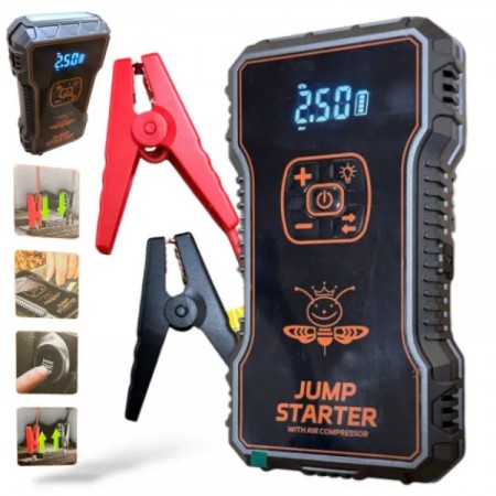 Starter auto, baterie externă, POWER BANK, 12V, sursă de alimentare cu baterie, 4 în 1, cu compresor și lanternă