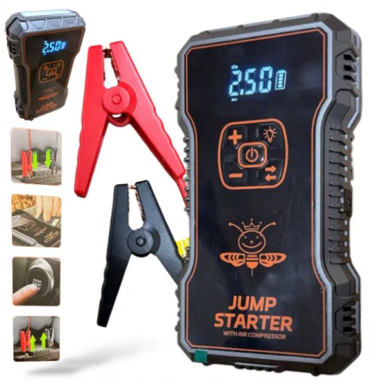 Starter auto, baterie externă, POWER BANK, 12V, sursă de alimentare cu baterie, 4 în 1, cu compresor și lanternă