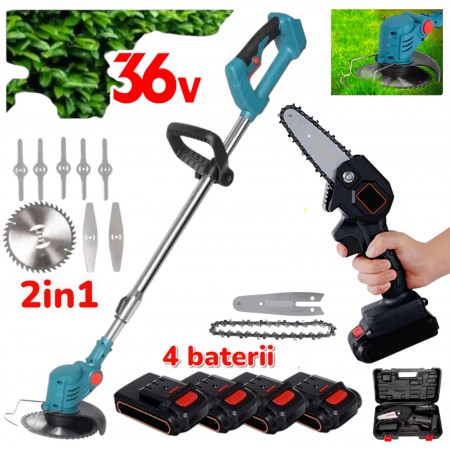 PROMO Mașină de tuns iarba și ferăstrău pentru crengi fără fir 2 în 1, 36 V, cu 4 baterii PROMO Mașină de tuns iarba și ferăstrău pentru crengi fără fir 2 în 1, 36 V, cu 4 baterii