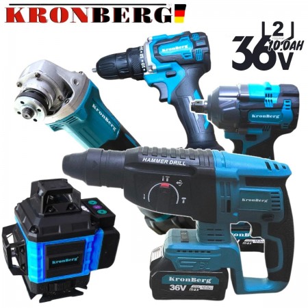 Nivelă laser fără fir, șurubelniță, cheie cu impact și polizor unghiular 36V 10AH KRONBERG Set 5 în 1 cu 5 baterii