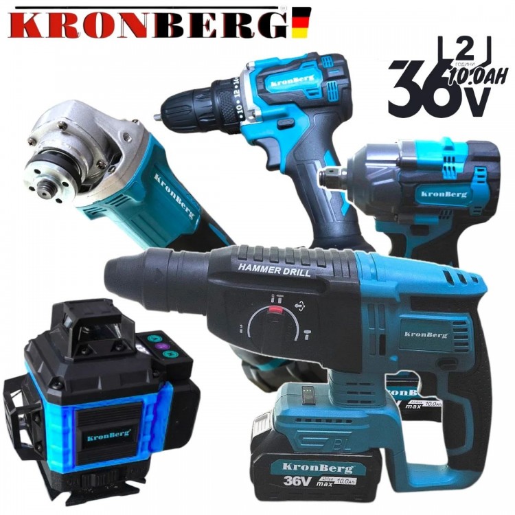 Nivelă laser fără fir, șurubelniță, cheie cu impact și polizor unghiular 36V 10AH KRONBERG Set 5 în 1 cu 5 baterii Nivelă laser fără fir, șurubelniță, cheie cu impact și polizor unghiular 36V 10AH KRONBERG Set 5 în 1 cu 5 baterii