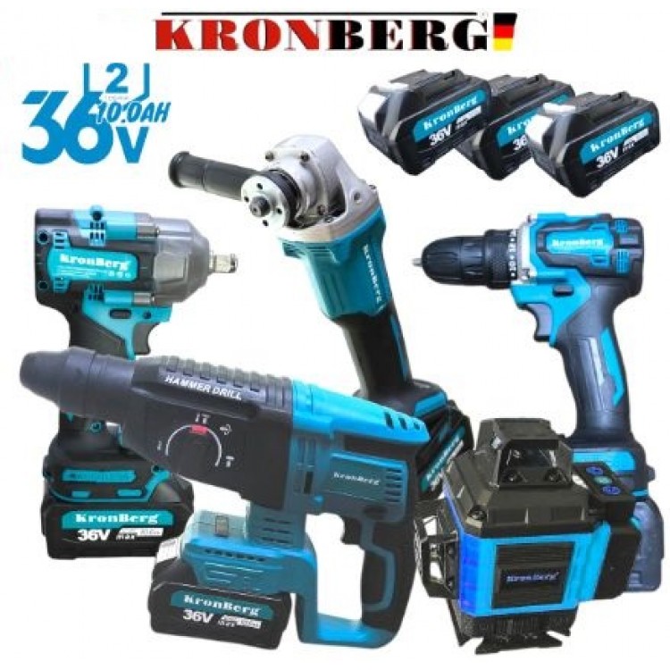 Nivelă laser fără fir, șurubelniță, cheie cu impact și polizor unghiular 36V 10AH KRONBERG Set 5 în 1 cu 5 baterii Nivelă laser fără fir, șurubelniță, cheie cu impact și polizor unghiular 36V 10AH KRONBERG Set 5 în 1 cu 5 baterii