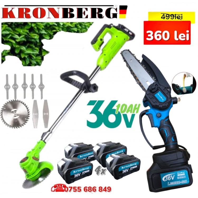 FERSTRĂU DE CRENGI ȘI FOARFECĂ DE TUNS GARD PE ACUMULATOR FOARFECĂ DE TUNS GARZI VIU FERĂSTRĂU PROMOȚIONAL 2 în 1 CU UNGERE AUTOMATĂ A LANȚULUI, REZERVOR DE ULEI ȘI MAȘINĂ DE TUNS GARD 36V 10AH KRONBERG 4 Baterii