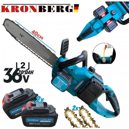 Ferăstrău pentru lemne fără fir 36V KRONBERG 10.0AH Bară 40cm 2x Baterii 2x Lanțuri călite Ferăstrău pentru lemne fără fir 36V KRONBERG 10.0AH Bară 40cm 2x Baterii 2x Lanțuri călite