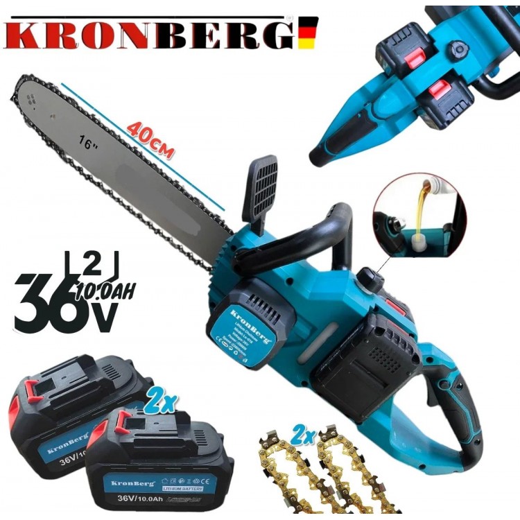 Ferăstrău pentru lemne fără fir 36V KRONBERG 10.0AH Bară 40cm 2x Baterii 2x Lanțuri călite