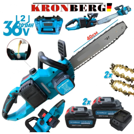 Ferăstrău pentru lemne fără fir 36V KRONBERG 10.0AH Bară 40cm 2x Baterii 2x Lanțuri călite