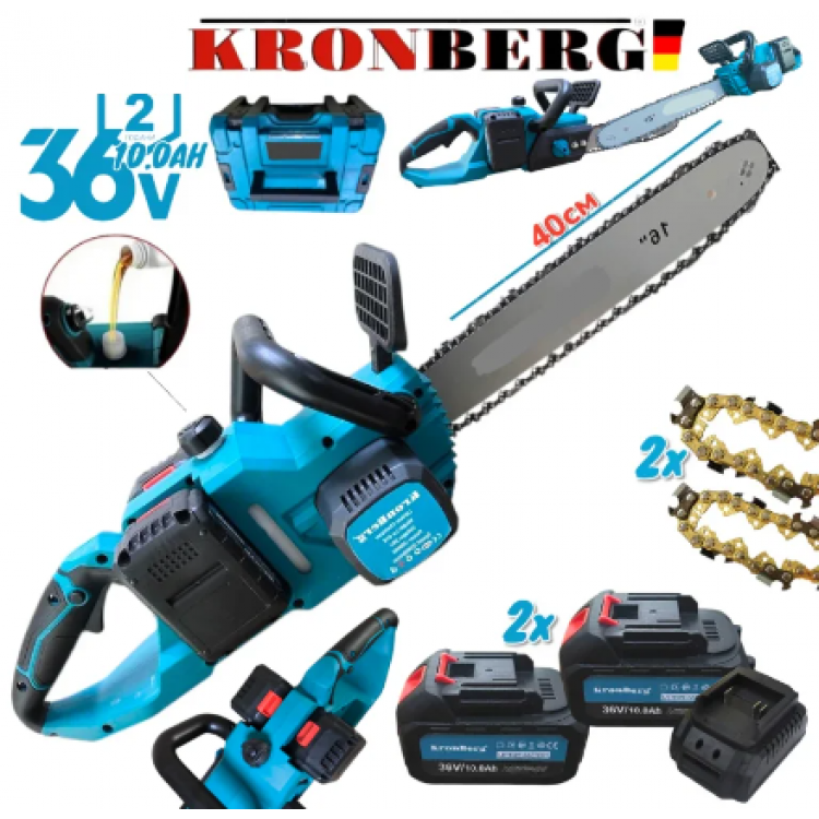 Ferăstrău pentru lemne fără fir 36V KRONBERG 10.0AH Bară 40cm 2x Baterii 2x Lanțuri călite