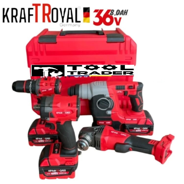 4 în 1 instrumente cu motor fără perii Ciocan/Bormasina de găurit Polizor unghiular Mașină de înșurubat/Mașină de găurit și inșurubat cu impact 125 mm 3 baterii KRAFTROYAL