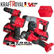 4 în 1 instrumente cu motor fără perii Ciocan/Bormasina de găurit Polizor unghiular Mașină de înșurubat/Mașină de găurit și inșurubat cu impact 125 mm 3 baterii KRAFTROYAL