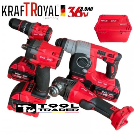 4 în 1 instrumente cu motor fără perii Ciocan/Bormasina de găurit Polizor unghiular Mașină de înșurubat/Mașină de găurit și inșurubat cu impact 125 mm 3 baterii KRAFTROYAL