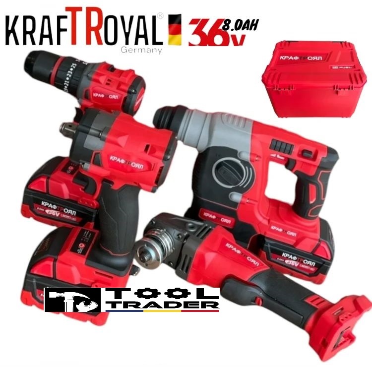 4 în 1 instrumente cu motor fără perii Ciocan/Bormasina de găurit Polizor unghiular Mașină de înșurubat/Mașină de găurit și inșurubat cu impact 125 mm 3 baterii KRAFTROYAL