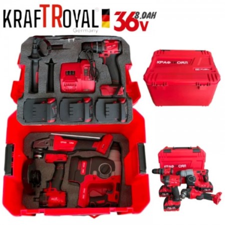 4 în 1 instrumente cu motor fără perii Ciocan/Bormasina de găurit Polizor unghiular Mașină de înșurubat/Mașină de găurit și inșurubat cu impact 125 mm 3 baterii KRAFTROYAL