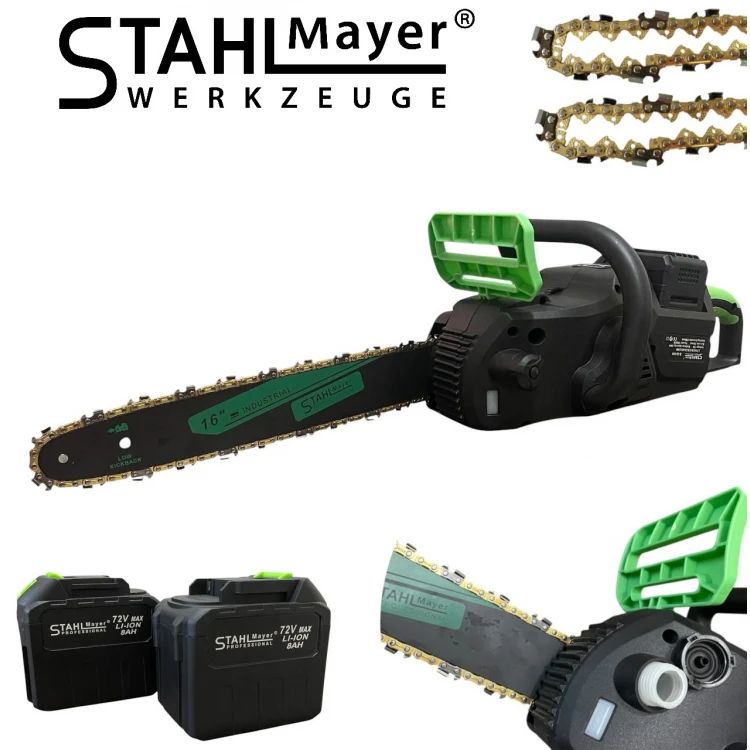 Drujbă fără fir STAHLMAYER 72V 8Ah – lamă de 16" 40cm, 2 lanțuri, afișaj și frână activă Drujbă fără fir STAHLMAYER 72V 8Ah – lamă de 16" 40cm, 2 lanțuri, afișaj și frână activă