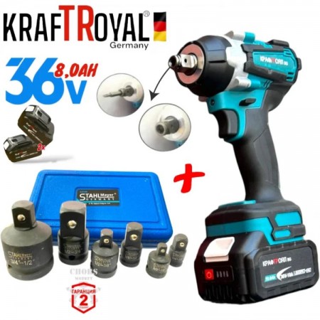 Cheie de impact fără fir Kraft 36V 10Ah 850 N/m + 8 adaptoare
