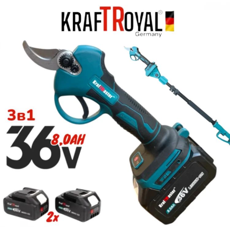 Foarfecă fără fir pentru vită de vie, prelungitor și fierăstău pentru crengi cu ungere automată, 36V 8AH, set KRAFTROYAL fără perii 3 în 1