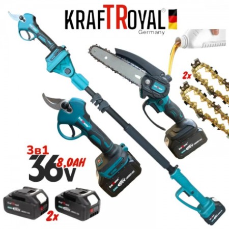 Foarfecă fără fir pentru vită de vie, prelungitor și fierăstău pentru crengi cu ungere automată, 36V 8AH, set KRAFTROYAL fără perii 3 în 1