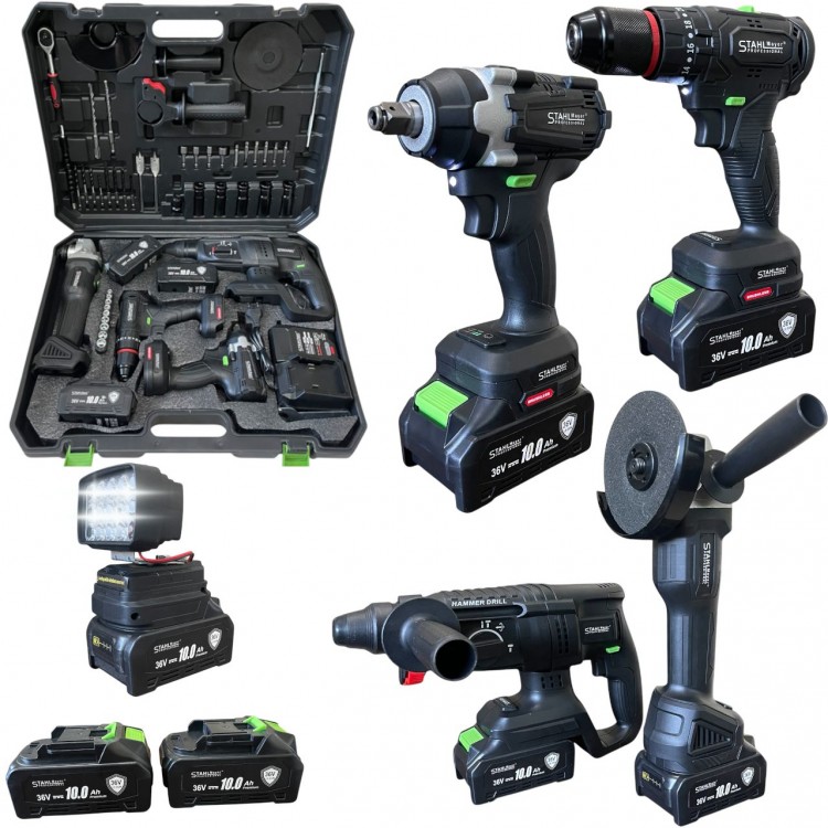 SET 5 IN 1, SURUBELNITA CU IMPACT, POLIZOR UNGHILAR,LANTERNA LED, PERCOTOR PE BATERII, 36V 10 A, STAHLMAYER BLACK PRO SET 5 IN 1, SURUBELNITA CU IMPACT, POLIZOR UNGHILAR,LANTERNA LED, PERCOTOR PE BATERII, 36V 10 A, STAHLMAYER BLACK PRO