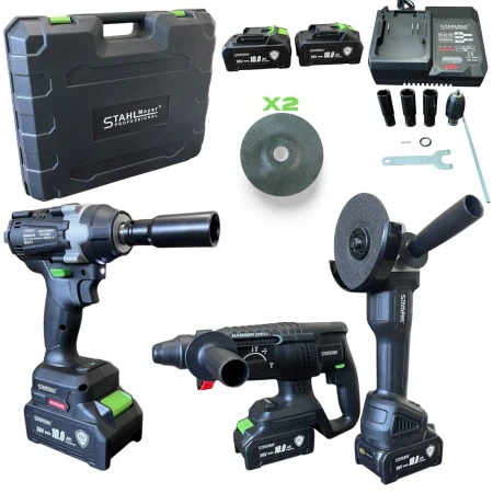 SET 4 IN 1, SURUBELNITA CU IMPACT, POLIZOR UNGHILAR, PERCOTOR PE BATERII, 36V 10 A, STAHLMAYER BLACK PRO