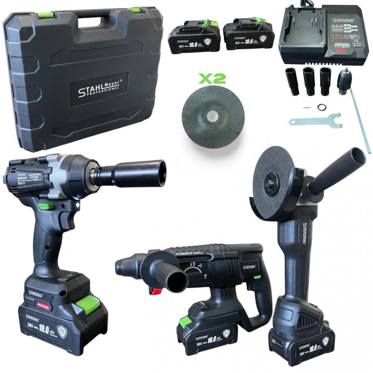 SET 4 IN 1, SURUBELNITA CU IMPACT, POLIZOR UNGHILAR, PERCOTOR PE BATERII, 36V 10 A, STAHLMAYER BLACK PRO SET 4 IN 1, SURUBELNITA CU IMPACT, POLIZOR UNGHILAR, PERCOTOR PE BATERII, 36V 10 A, STAHLMAYER BLACK PRO