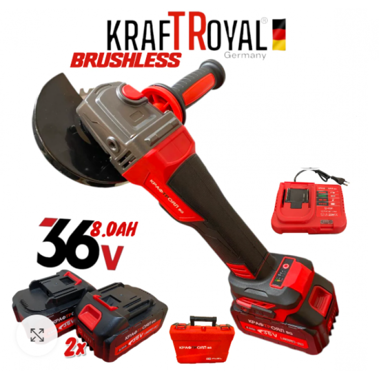 Polizor unghiular fără fir 36V 8Ah 125 mm KraftRoyal Red Polizor unghiular fără fir 36V 8Ah 125 mm KraftRoyal Red