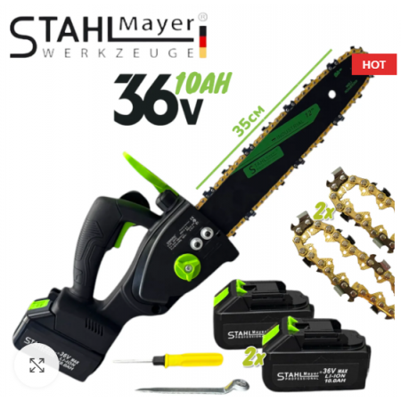 Ferăstrău fără fir STAHLMAYER BLACK 36V 10Ah cu două baterii și 2 lanțuri – bară de 35 cm