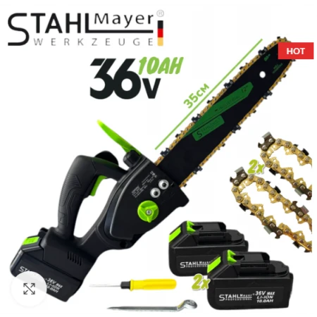 Ferăstrău fără fir STAHLMAYER BLACK 36V 10Ah cu două baterii și 2 lanțuri – bară de 35 cm