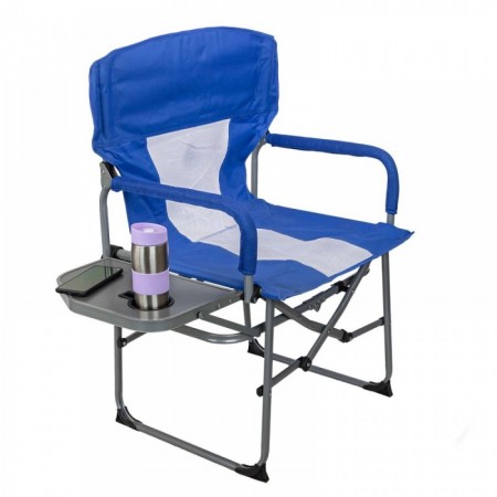 Scaun de camping pliabil cu cadru metalic si suport pentru pahare, culoare albastra