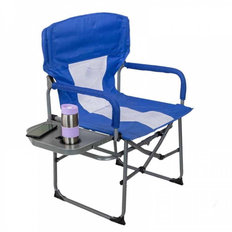 Scaun de camping pliabil cu cadru metalic si suport pentru pahare, culoare albastra Scaun de camping pliabil cu cadru metalic si suport pentru pahare, culoare albastra