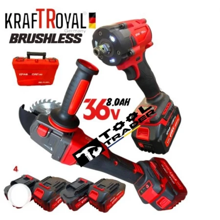 Set cheie cu impact fără fir Kraft 36V 8Ah 850 N/m + polizor unghiular fără fir 36V 8Ah 125 mm KraftRoyal