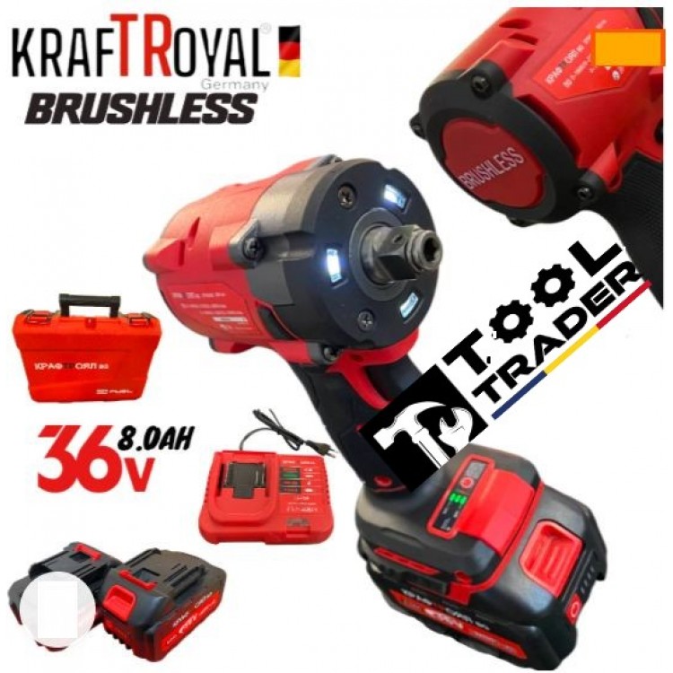 Set cheie cu impact fără fir Kraft 36V 8Ah 850 N/m + polizor unghiular fără fir 36V 8Ah 125 mm KraftRoyal Set cheie cu impact fără fir Kraft 36V 8Ah 850 N/m + polizor unghiular fără fir 36V 8Ah 125 mm KraftRoyal