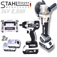 PACHET PROMOȚIONAL POLIZOR UNGHIULAR GERMAN FĂRĂ PERII ȘI MAȘINĂ DE RECTIFICAT UNGHIULARĂ CU PERCUȚIE COMBINATĂ CU IMPACT FĂRĂ FIR 850 N/M STAHLMAYER 36V 8AH