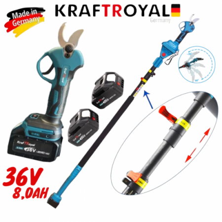 Foarfece de viță de vie fără fir KRAFTROYAL 36V 8.0AH cu stâlp telescopic care se extinde până la 2,5 m Foarfece de viță de vie fără fir KRAFTROYAL 36V 8.0AH cu stâlp telescopic care se extinde până la 2,5 m