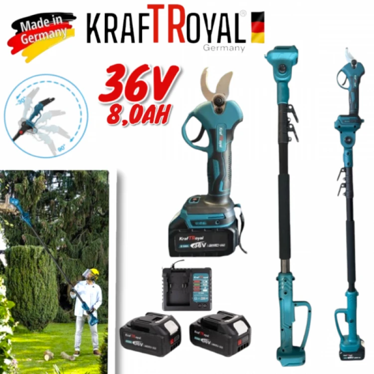 Foarfece de viță de vie fără fir KRAFTROYAL 36V 8.0AH cu stâlp telescopic care se extinde până la 2,5 m Foarfece de viță de vie fără fir KRAFTROYAL 36V 8.0AH cu stâlp telescopic care se extinde până la 2,5 m
