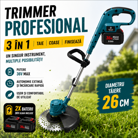 Mașină de tuns iarba fără fir trimmer 36V 8.0AH cu 2 baterii 26 cm Profesională TOP