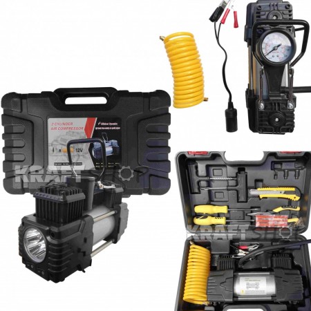 SET DE ASISTENȚĂ RUTIERĂ - COMPRESOR DE ANVELOPE CU LANTERNĂ CU LED, FURTUN DE AER ȘI UNELTE