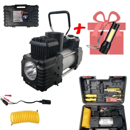SET DE ASISTENȚĂ RUTIERĂ - COMPRESOR DE ANVELOPE CU LANTERNĂ CU LED, FURTUN DE AER ȘI UNELTE